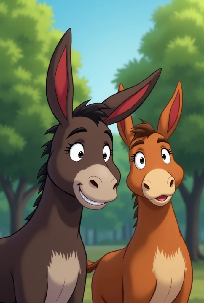 Image Prompt: "Tolu (dark brown donkey) at the center, raising his eyebrow and smirking as he asks a question. Bholu (light brown donkey) next to him, tilting his head slightly as if trying to think. Both are facing forward, with green trees in the backgro...