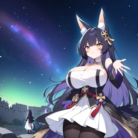 dark night, stars, starry sky, starfall, northen lights,  Stargazing, looks at stars,  clear sky. snowflakes, ancient ruins, 1girl, fox ears, fox tail, long hair, black hair, hair ornament, indian red beautiful eyes,  huge breast, black blazer, white impos...