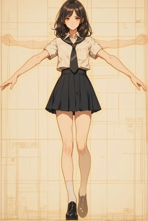 (masterpiece, best quality),Instructions. Blueprint. A girl wearing a high school uniform is drawn on graph paper. A painting of a girl with her arms outstretched, like a Vitruvian human figure.