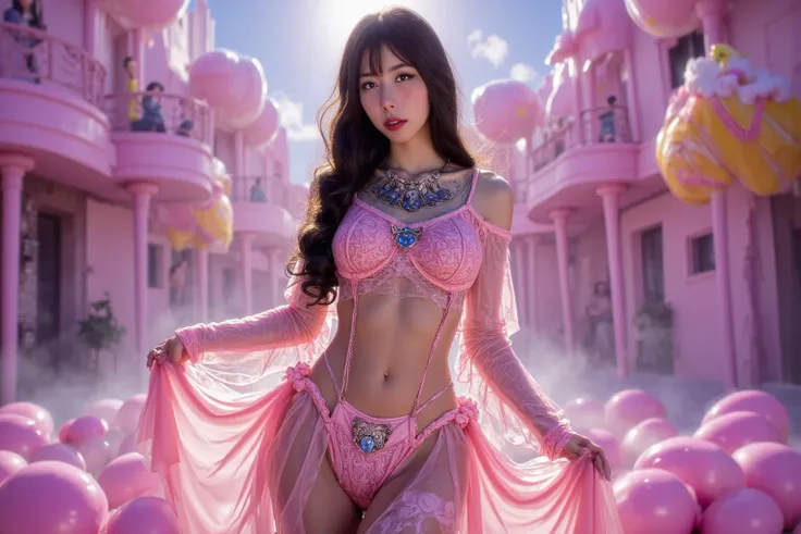 The bubble gum enchantress (cute, age 20, sheer bubblegum themed dress no underwear, candy jewelry) is casting a spell of love,he is in a magical candy land midday
