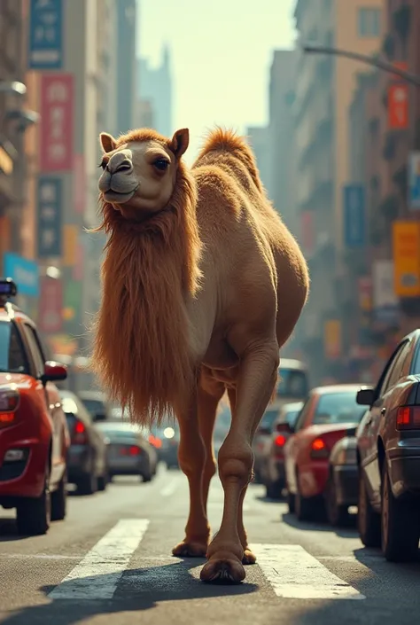 A camel walking in the street in busy area. Moving cars and human. 