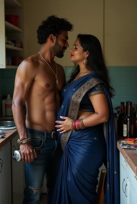 46 year old, tall, voluptuous, curvy, black South Indian married mature aunty with long hair in a dark blue saree (wearing gold earrings, gold chain, gold bangles, red lipstick) being sexy in a kitchen in a ruin house, with A naked muscular, hairy, black, ...