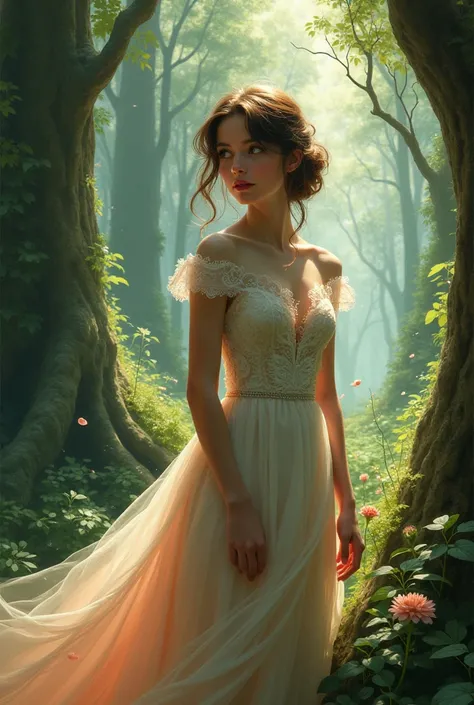 A girl in a beautiful dress in the woods