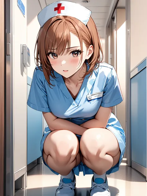 hospital, corridor,  squat, nurse, blush, ( Misaka Mikoto), masterpiece:1.5, masterpiece, highest quality, UHD, retina, masterpiece, accurate anatomy, super detailed, high quality, best quality, 8k