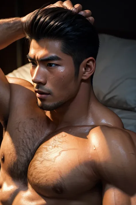 a young handsome Japanese bodybuilder, intense orgasm expression, hairy chest, extremely sweaty, laying on bed, detailed facial features, muscular body, hyper-realistic, 8k, high quality, cinematic lighting, dramatic shadows, photorealistic, chiaroscuro, o...