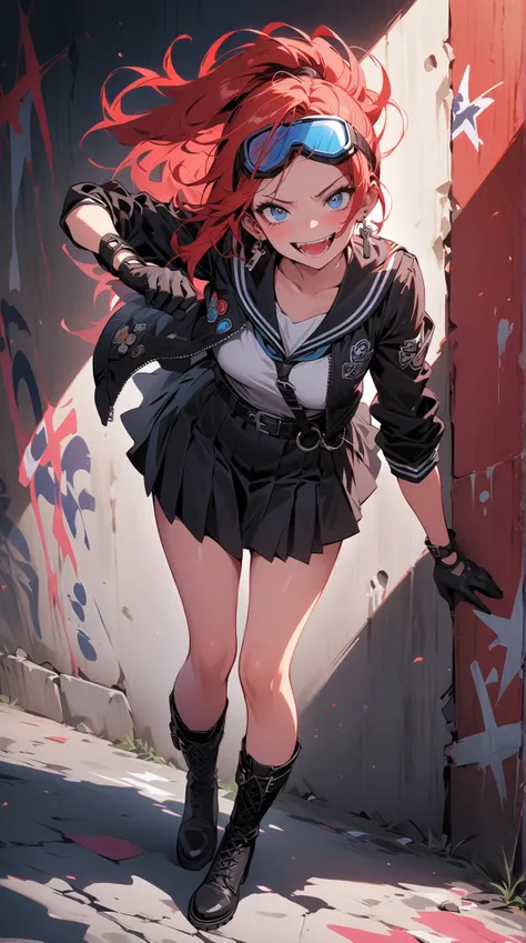 (beautiful girl:1.3),1girl,(black sailor suit,Roll up your sleeves, skirt,white and blue souvenir jacket,biker goggle on head,earrings,belt,Harness,finger piercing gloves,Lock, boots),red Hair,bangs,pony tail,Forehead,Crazy Smile,Reckless attitude,Evil fac...