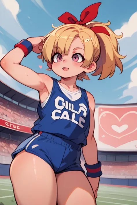  1 girl in the best(masterpiece、 Super high quality)、 elementary school students( very young)、 blonde hair( short ponytail(Red ribbon barrette ))、 bright expression ( pink eyes)、Beautiful clothes( White Tank Top (Heart pattern(red))、 shorts(dark blue jerse...