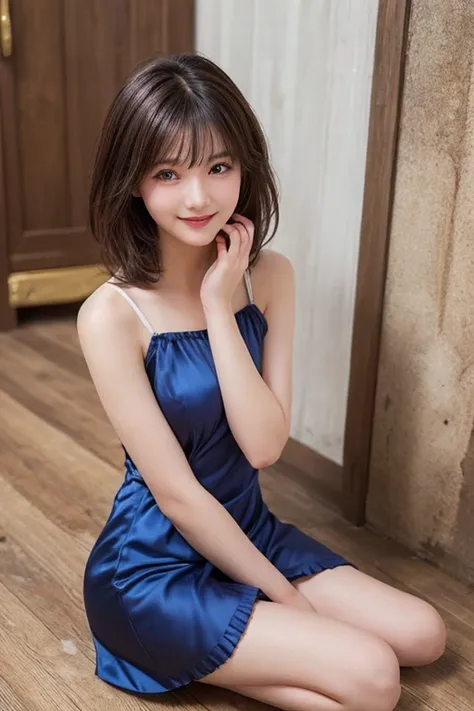 A model in a blue ruffled dress is sitting on the floor、Bend your right leg and place your face on your right knee、 Blue silk dress,  looking at camera、Detailed and beautiful eyes、可愛いsmile、 soft and gentle expression 、かわいいsmile、smile