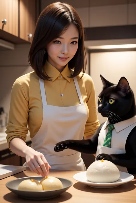 Ultra-realistic, photorealistic, dramatic scenes, global illumination, (Japanese woman in her 20s), very beautiful and delicate Japanese woman, very cute but boyish with a wry smile, (very large breasts), slim waist, (wearing cooking instructor uniform wit...