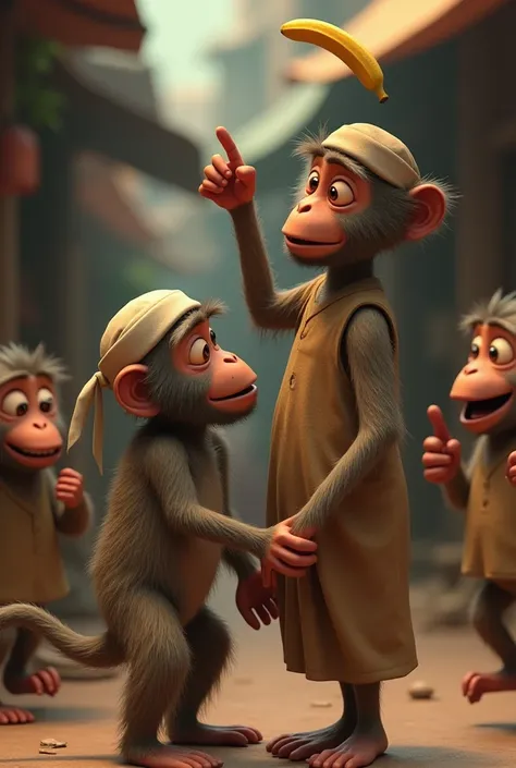 "A dramatic scene where a monkey is throwing a banana at the Muslim shopkeeper's head. The shopkeeper, wearing traditional attire, looks shocked, with one hand raised to his head. Other monkeys in the background are laughing and pointing. Style: 3D model, ...