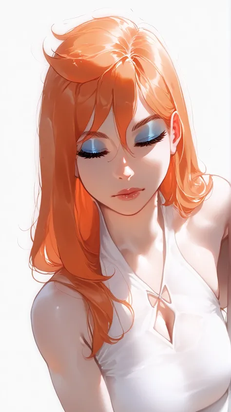 fofo,   traditional art  , liu2, brush texture, _9, _8_above, _7_above, 1 ,   orange hair, above to the shoulder blades, straight hair,   long hair  ,   blue eyes,  full lips,   long lashes,   semi-closed eyes  , adult, beautiful make-above,   big boobs,  ...