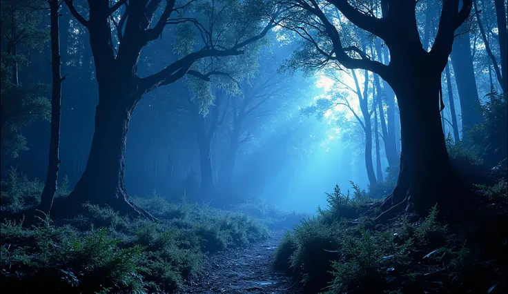realistic picture of dark magic forest from a fairy tail, summber, evening time, twilight, trees, bushes, blue haze, few colorful sparks spark are flying in the air