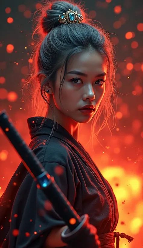 create a very realistic and detailed full body portrait image, beautiful samurai woman, gray messy updo hair, holding a flaming katana, hell with red fire background, Style, HD, masterpiece, best quality, very detailed, very realistic. both eyes stared int...