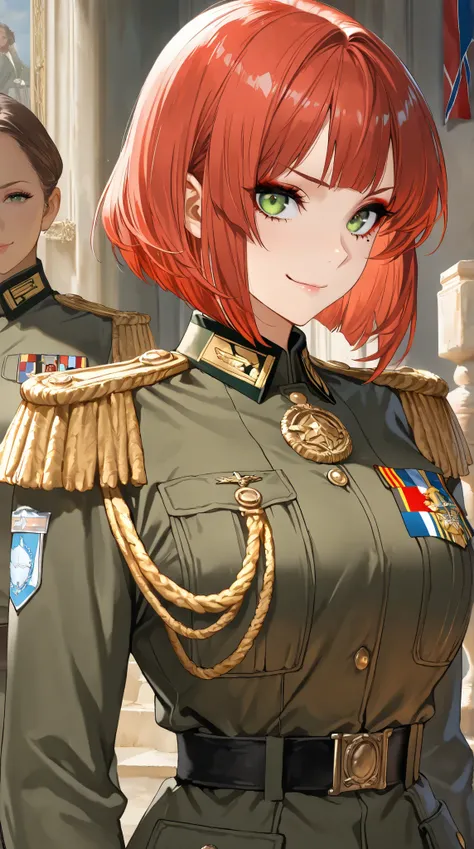 (( best quality)),( super high resolution),( very detailed),(  Detailed Help ),(( best CG )),(masterpiece),High Definition Art,( fine detail art:1.5), female soldiers,Scarlet Hair,  short bob, Beautiful Well-balanced Face ,  natural makeup,Sharp green eyes...