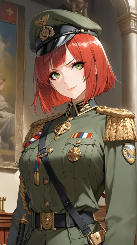 (( best quality)),( super high resolution),( very detailed),(  Detailed Help ),(( best CG )),(masterpiece),High Definition Art,( fine detail art:1.5), female soldiers,Scarlet Hair,  short bob, Beautiful Well-balanced Face ,  natural makeup,Sharp green eyes...