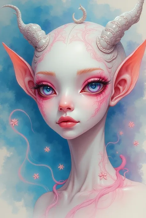 water color, alcohol ink, ultra-detailed, whimsical, really cute beautiful wraith like creature similar to the stargate atlantis wraiths. beautiful porcelain skin with striking pastel pink eyes.