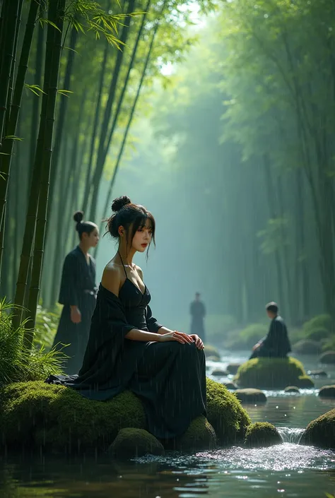 A beautiful woman front view facing camera, large breast size 4, dressed in black kimono chest open, with a straw hat, sits peacefully on a moss-covered rock by a flowing stream in a serene bamboo forest. Rain gently falls around her, adding a calming ambi...