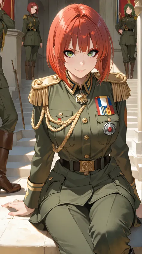 (( best quality)),( super high resolution),( very detailed),(  Detailed Help ),(( best CG )),(masterpiece),High Definition Art,( fine detail art:1.5), female soldiers,Scarlet Hair,  short bob, Beautiful Well-balanced Face ,  natural makeup,Sharp green eyes...