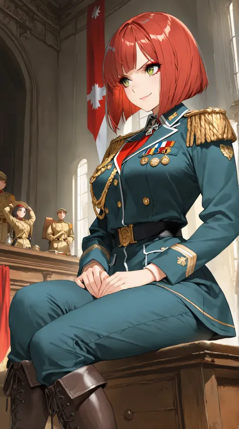 (( best quality)),( super high resolution),( very detailed),(  Detailed Help ),(( best CG )),(masterpiece),High Definition Art,( fine detail art:1.5), female soldiers,Scarlet Hair,  short bob, Beautiful Well-balanced Face ,  natural makeup,Sharp green eyes...