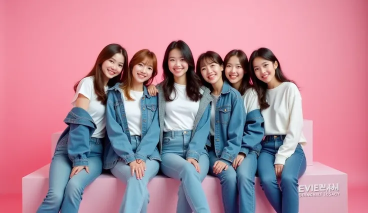 Six Korean women appeared compact in white t-shirts, jeans and jeans jackets, creating a casual and modern impression. They sat in a zigzag position on the studio box, with cheerful facial expressions and warm smiles, looking forward. The bright pink studi...