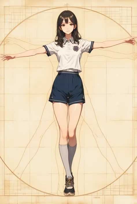 (masterpiece, best quality),Instructions. Blueprint. A girl wearing a Japanese school sportswear(short sleeve) and navyblue high leg buruma is drawn on graph paper. A painting of a girl with her arms outstretched,posing like a Vitruvian human figure.