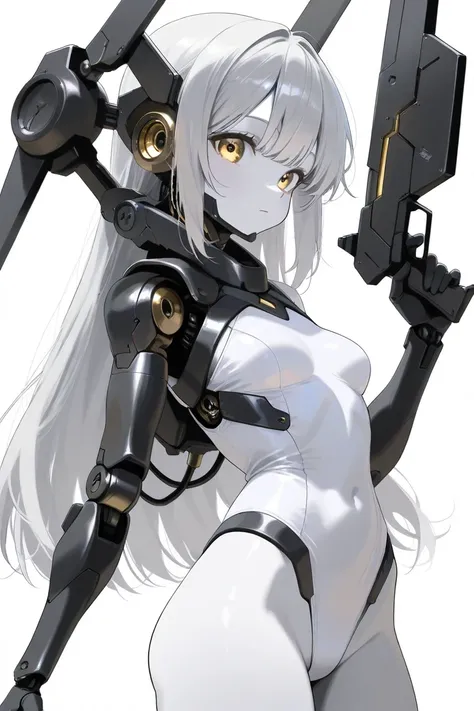 (highest quality, background detail), highest quality, original detailed dynamic art, (golden eyes), image from waist up, inorganic expression, inorganic gaze, detailed mechanical joints, reinforced exoskeleton, white leotard, white skin, gray hair, long h...