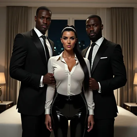 Full body shot, Feet in view, Kim Kardashian with straight long black hair als Pferdeschwanz in a very tight white Jeans shirt with collar and buttons,  in very black latex leggings  , White overknees, bedroom, luxurious apartment, large window, City view,...