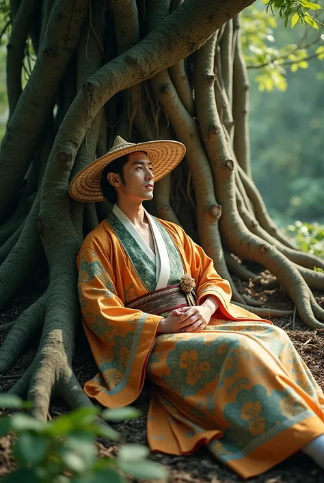 Put the last photo a Man wearing traditional japanese kimono and bamboo hat while hım laying dön the roots