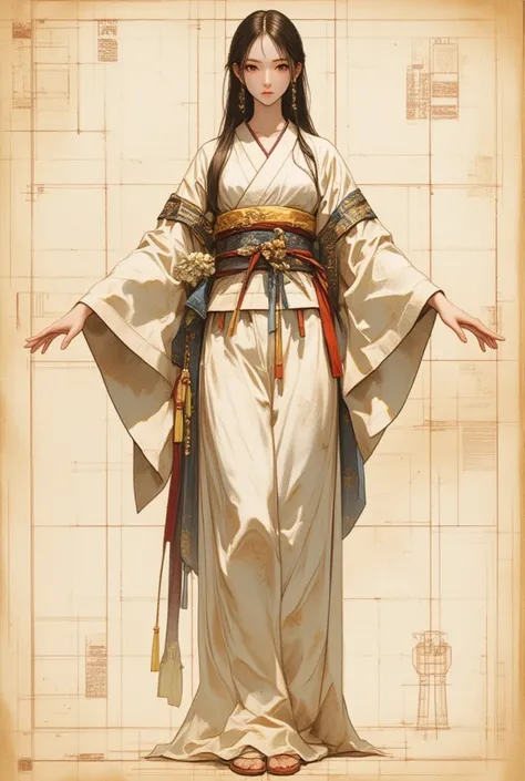 (masterpiece, best quality),Instructions. Blueprint. A girl wearing a Japanese shrine maiden costume is drawn on graph paper. A painting of a girl with her arms outstretched,posing like a Vitruvian human figure.