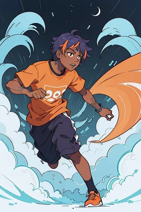 a MUSICIAN NAMED JUICE WRLD With a shirt at the back of the shirt their there is a number 999 and a orange nicker and he is running forward at a pace of 40 km in a color full place and dark cloud