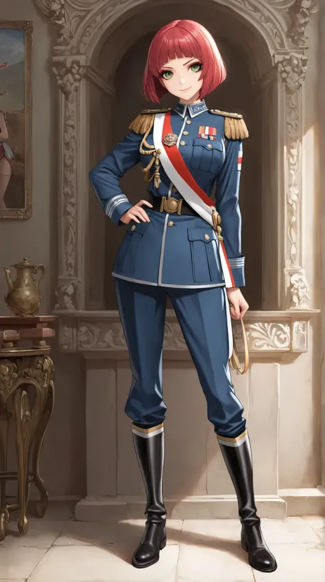 (( best quality)),( super high resolution),( very detailed),(  Detailed Help ),(( best CG )),(masterpiece),High Definition Art,( fine detail art:1.5), female soldiers,Scarlet Hair,  short bob, Beautiful Well-balanced Face ,  natural makeup,Sharp green eyes...