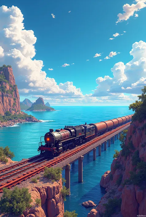  in high definition,With the sea in the background, pipe, Rails, train, p1xriven style。 colorful background