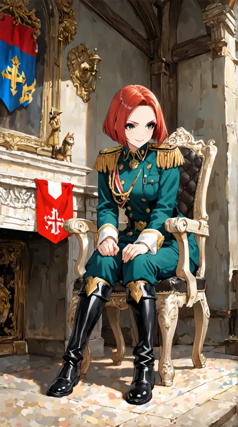 (( best quality)),( super high resolution),( very detailed),(  Detailed Help ),(( best CG )),(masterpiece),High Definition Art,( fine detail art:1.5), female soldiers,Scarlet Hair,  short bob, Beautiful Well-balanced Face ,  natural makeup,Sharp green eyes...