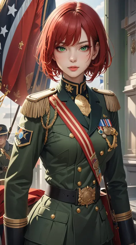 (( best quality)),( super high resolution),( very detailed),(  Detailed Help ),(( best CG )),(masterpiece),High Definition Art,( fine detail art:1.5), female soldiers,Scarlet Hair,  short bob, Beautiful Well-balanced Face ,  natural makeup,Sharp green eyes...