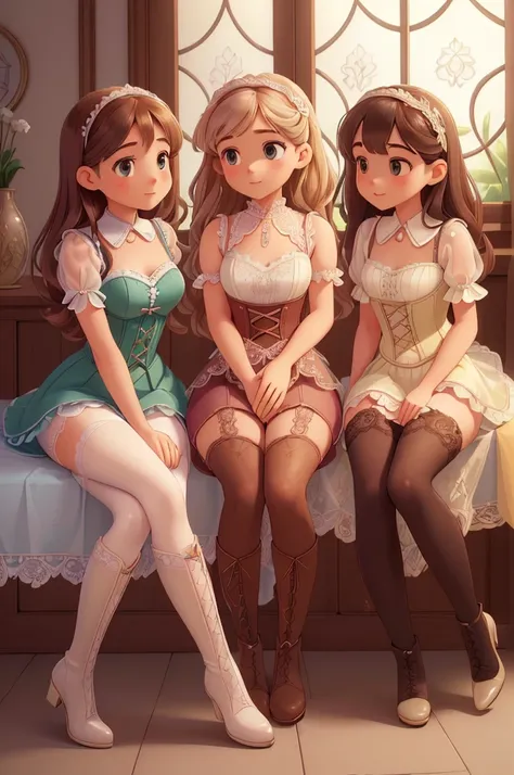 (( beautiful, aesthetic, Perfect, Delicate, intricate: 1.2), ( Detailed ), (high resolution: 1.2), three girls, friends sitting back to back, Cartoon drawing style, friendly facial expressions, Warm and welcoming atmosphere, predominant pastel colors, subt...