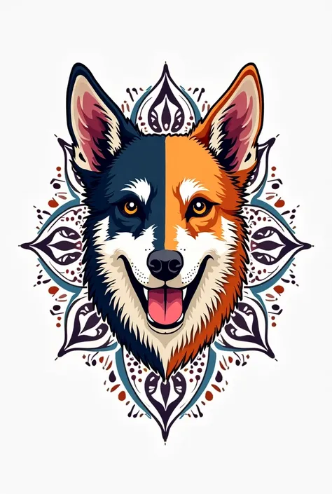 symmetry, a dog's head, and a cat's head, mandala, and only from the front, glow, multicolored, white background, no background, stylized ink thin line art, vector, design for tattoo, dog body, mandala, cat body, mandala, white background, multicolored