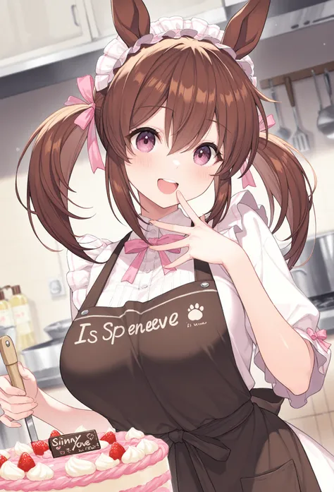 very awa, masterpiece, best quality, newest,  highres, absurdres、Hishi Akebono、Hishi Akebono　Uma Musume、 1 、 shiny dark brown hair、 Twin Tails、 is opening her mouth、smile、Costumes with various sweets printed on them、 kitchen、 fun vibe 