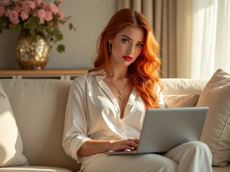 (( best quality )), (( masterpiece)), ( detailed ), ( realistic ), apartment, luxurious, Gorgeous woman sitting on couch , laptop,  flower decoration ,  light flooded, brightly designed , Beige, gold, weiss, Red lips, Orange wavy hair , very modern, gold j...