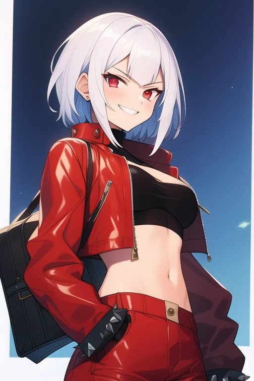 A girl with white hair and red eyes, having a micro bangs haircut, a smirk and sly smile on her face, wearing a red leather jacket and a baggy pant, wearing spiky gloves