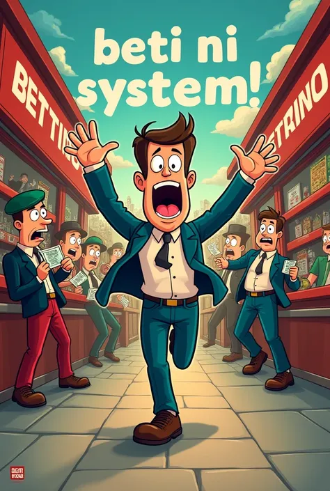 A cartoon-like depiction of a man running from "LOAN SHARKS," holding betting slips.
Background: A betting shop with exaggerated characters celebrating or crying.
Text Overlay: “Beti ni System!”