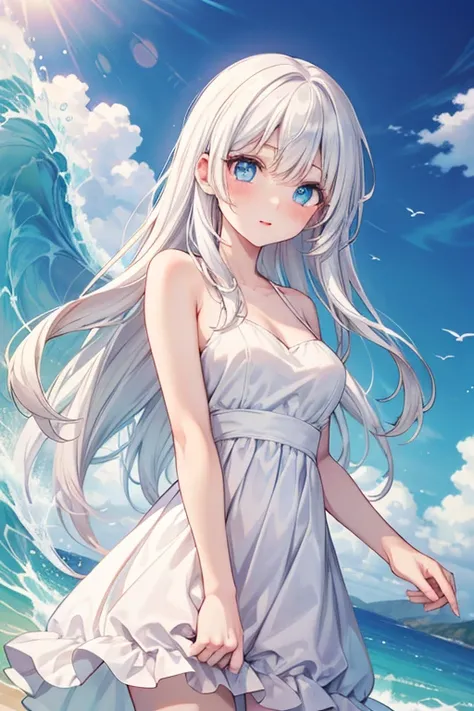 White hair, female,  White Dress , Long hair,  wave hair,  blue eyes,  pale skin,  Anime 