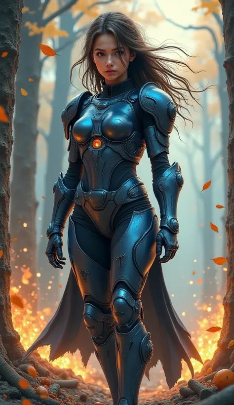 Create watercolor splash art style. A girl wearing high-tech and sophisticated armor. A great, futuristic and powerful combat suit. Matte black and blue colors. Looks dirty and dusty. Standing with a brave and courageous style. Sharp gaze, a cynical smile....