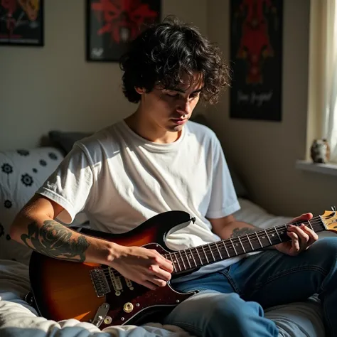 High definition image of a 20 year old man with curly black hair and a tattoo on his arm Daytime image He is wearing a simple oversized white t-shirt and jeans with plenty of light and shadow on his clothes He is on his bed in the bedroom doing maintenance...