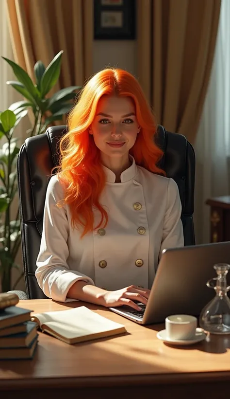 (( best quality )), (( masterpiece)), ( detailed ), ( realistic ), Office, luxurious, boss lady in chef sessel, laptop,  flower decoration ,  light flooded, brightly designed ,  black, gold, weiss,  warm light , Orange wavy hair, 