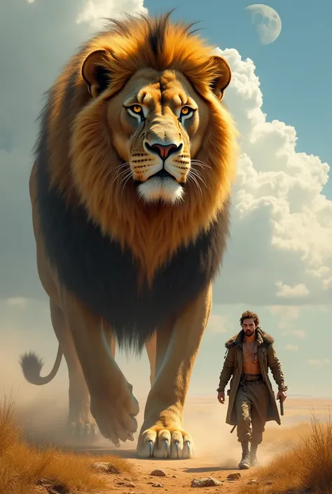 A man walks with a giant enormous lion