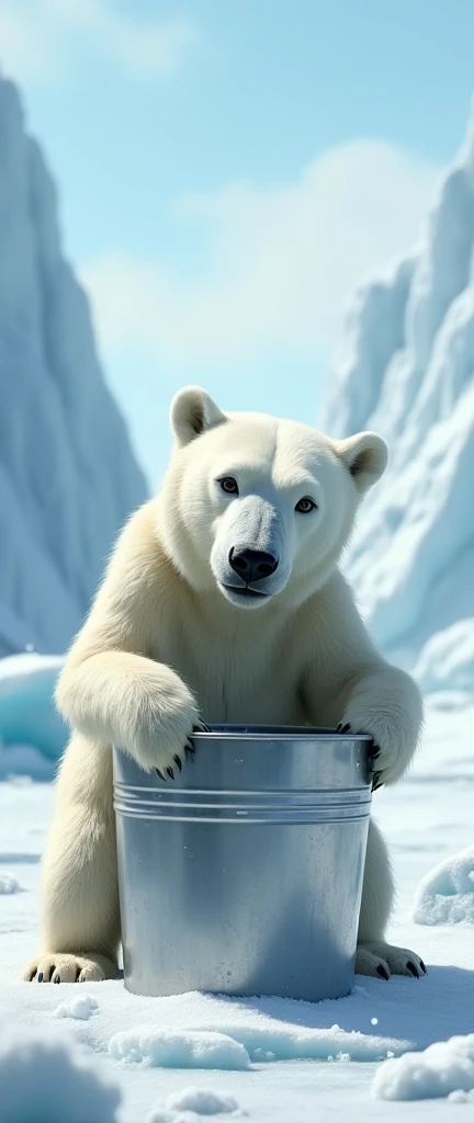 A polar bear getting its head stuck in a bucket while trying to get a snack.