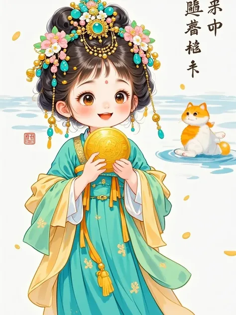 Beautiful and cute  ， Chinese style ，Light blue background      ，Happy mood    ，Featured Gold Coins