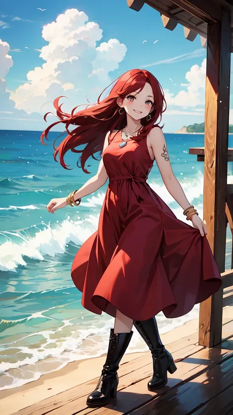 Long red hair, red punk style dress, boots, lots of bangles, necklace, earrings, smiling face, illustration of the sea, fresh breeze