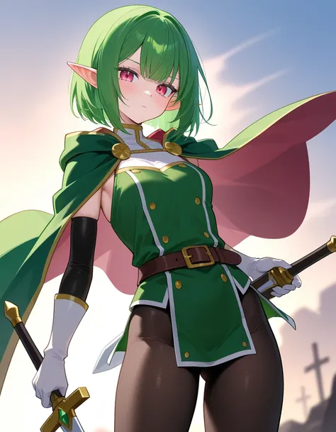  slender　female　female性 　Bob　 beautiful　sword　sword士　battle　fight　 monster 　Cape　 light clothing　Average height　Elf　Reliable　黄greenの髪　Older sister　green　緑のCape　Clothes