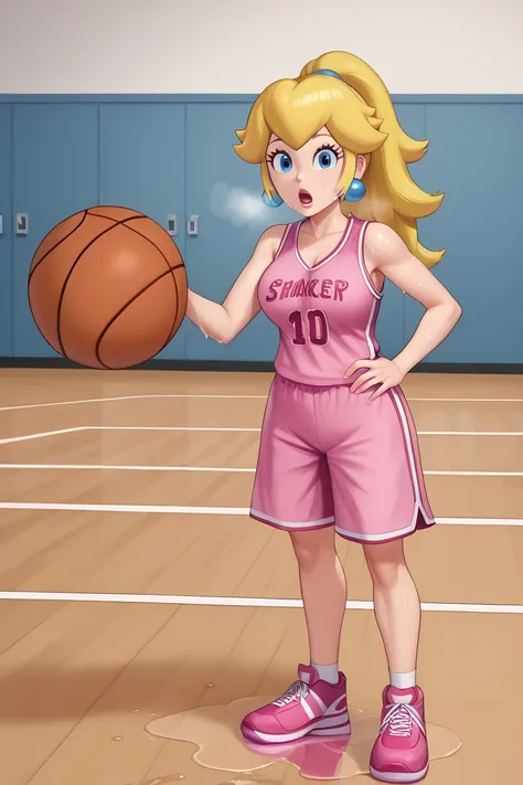 score_9, score_8_up, score_7_up, BREAK, 1girl, solo, princess peach, 1girl, solo, , blonde hair, ponytail, makeup, casual, cowboy shot, blue eyes, looking at the viewer, large breasts, pink tanktop, sweaty, pink shorts, sweating profusely, open mouth, exha...